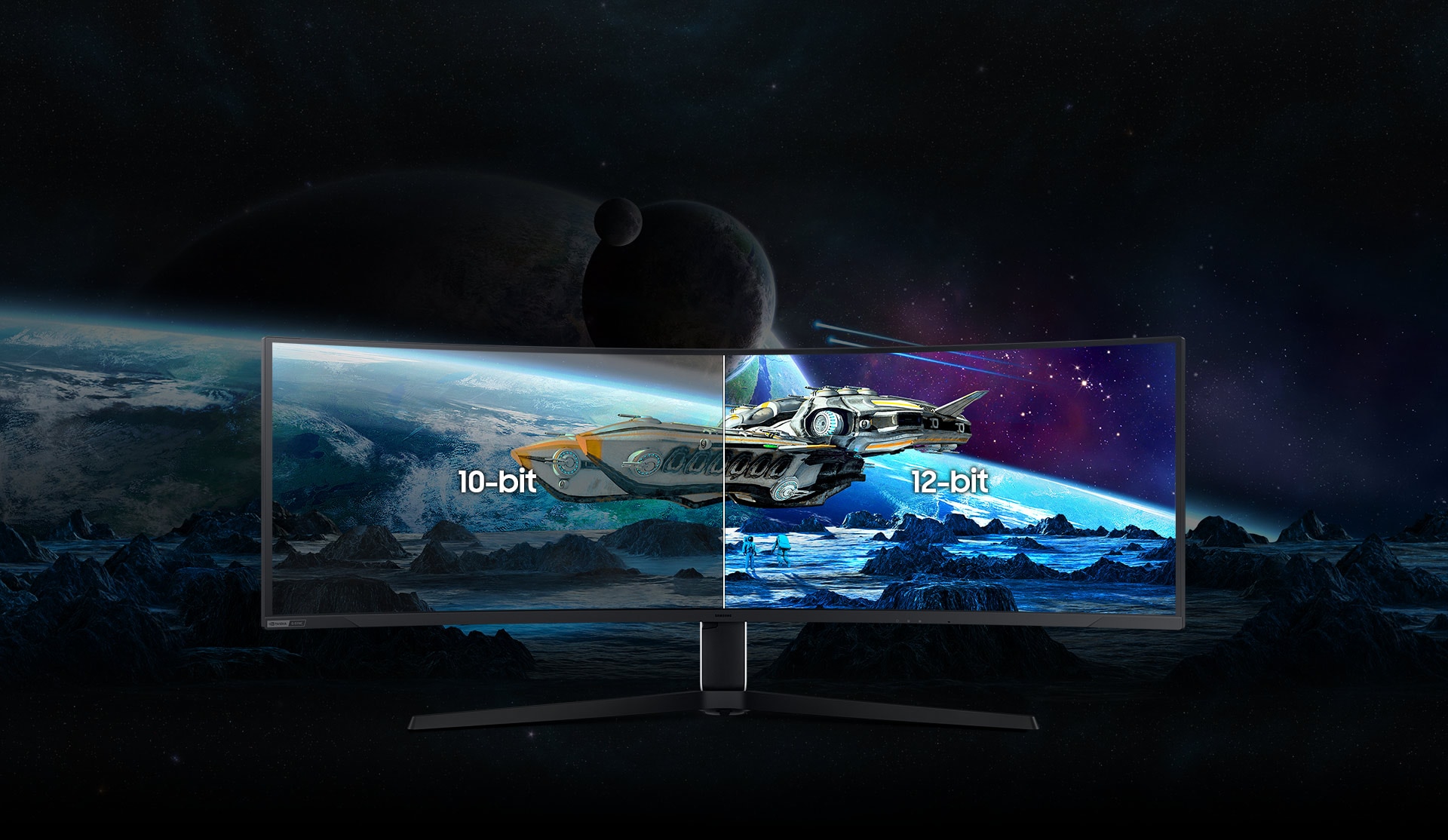 屏幕上显示一艘黄灰相间的宇宙飞船在一个多山的星球上空低空飞行。飞船后面是另一颗行星，它从屏幕延伸到显示器后面的背景中。奥德赛Neo G9的屏幕分为两部分:左边是浅灰色，上面写着“10位”字样。而右侧则用“12位”标记的颜色更明亮、更清晰。随着屏幕合而为一，与屏幕外的部分相比，屏幕的颜色更清晰，细节也更多，对比度也更高。