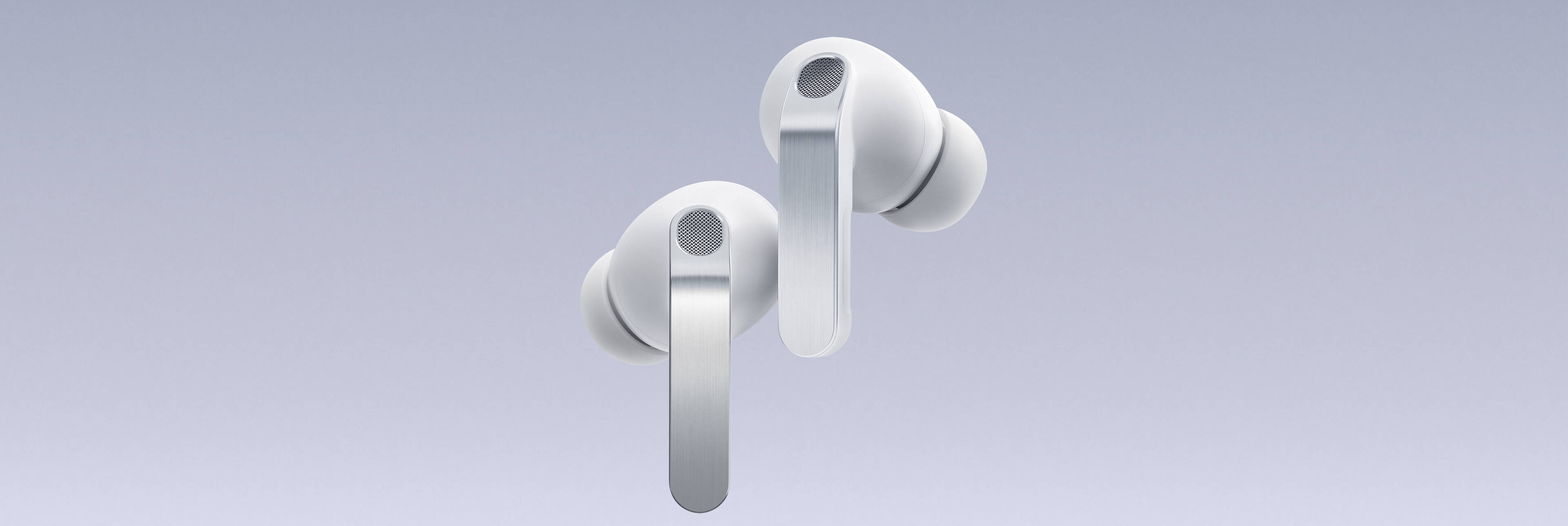 画面中，一对Galaxy Buds4 Pro耳机轻盈悬浮，左耳机微微低垂，右耳机略高于左耳机。