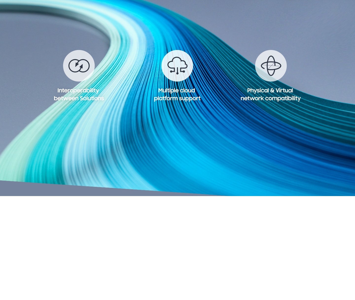 An illustrative image of blue series of curved lines with icons describing Cloud Orchestration.