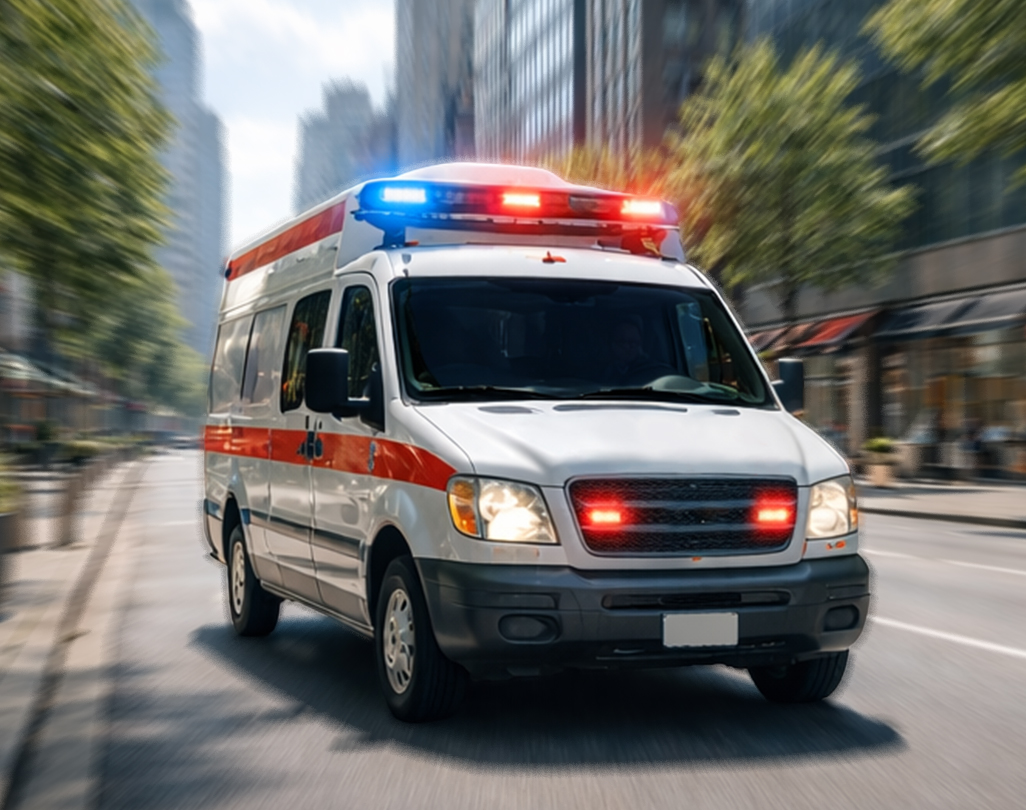 画面中，一辆救护车鸣响警笛，用来演示Galaxy Buds4 Pro耳机配备的警报检测功能如何即时响应。