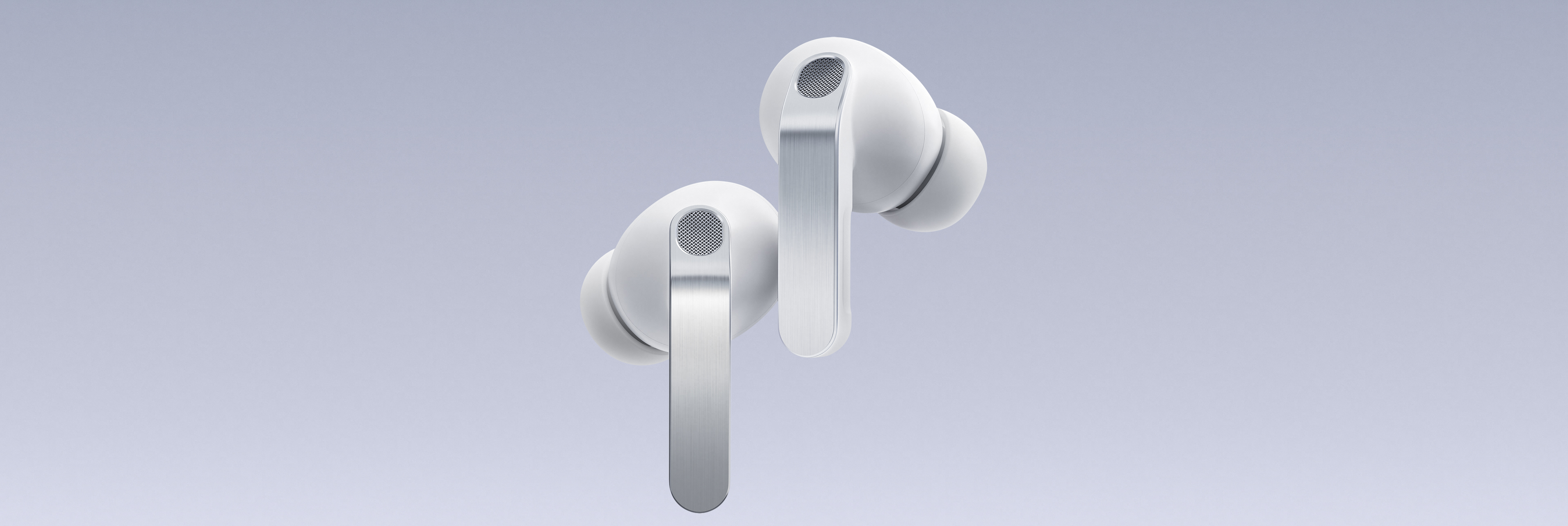 画面中，一对Galaxy Buds4 Pro耳机轻盈悬浮，左耳机微微低垂，右耳机略高于左耳机。