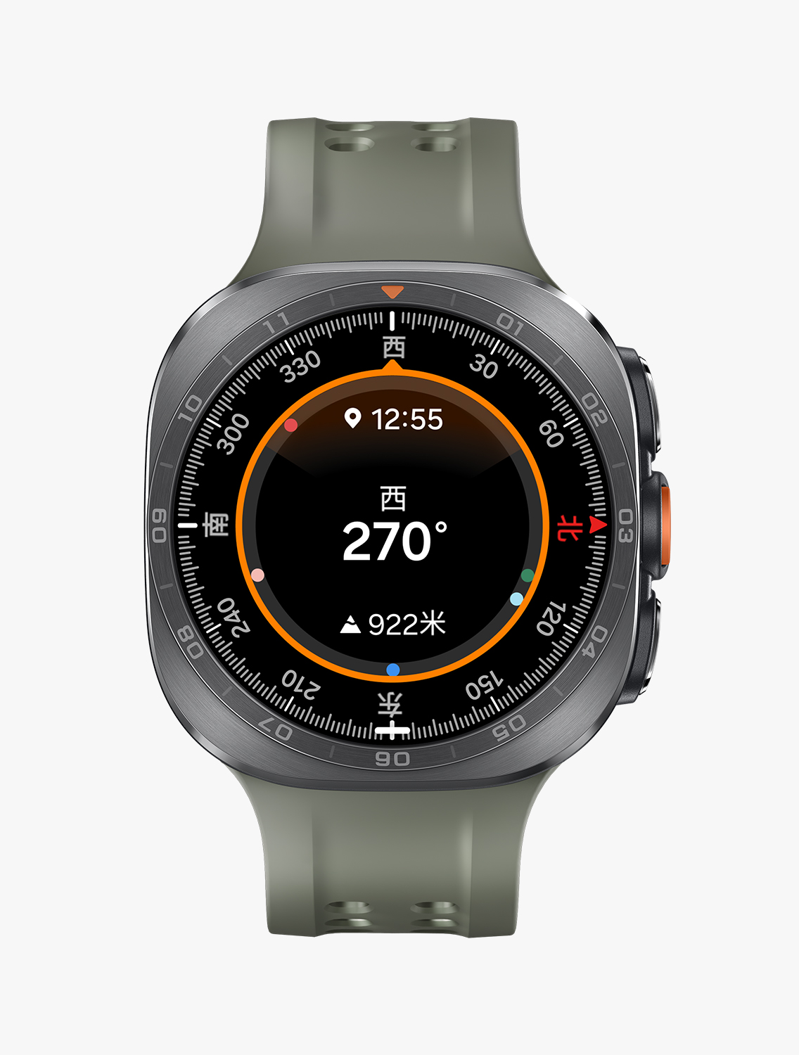 Front view and close-up angled view of Galaxy Watch Ultra2 with a Marine band in Olive, displaying a Compass watch face with text W 270 degrees and direction markings.