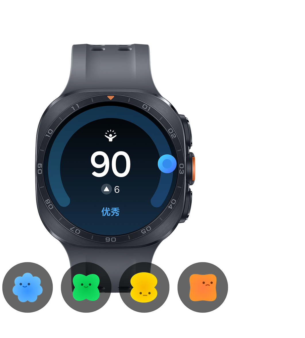 钛影灰色Galaxy Watch Ultra2，这款手表搭配了一条黑色的水上运动表带；手表正面屏幕清晰显示能量得分为90分，较前一日提升6分。界面底部展示四枚角色图标，分别对应不同档位的能量得分。