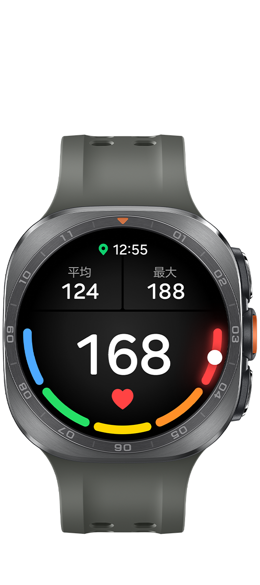 钛霜银色Galaxy Watch Ultra2，搭配绿色水上运动表带，手表正面朝向镜头，显示屏展示个性化心率区间界面。界面展示平均心率、最大心率与实时心率，当前数值为168；弧形进度条划分多个心率区间，搭配圆点标识直观显示所处区间。