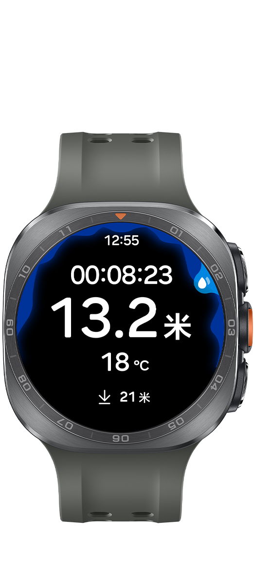 钛霜银色Galaxy Watch Ultra2，搭配绿色水上运动表带，手表正面朝向镜头，屏幕呈现潜水数据界面，可实时显示当前水深、潜水时长与水温。
