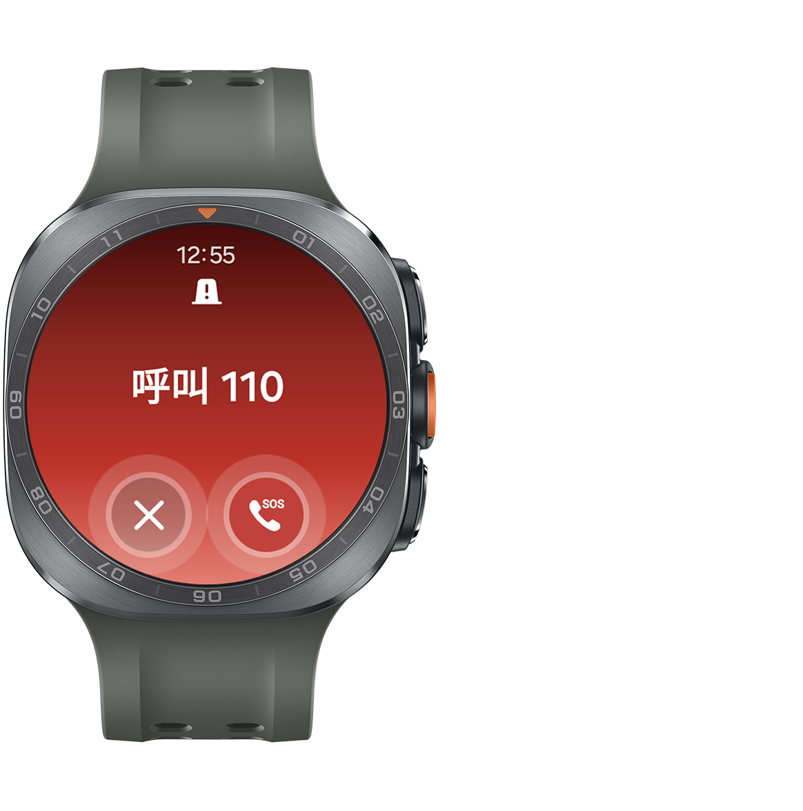 钛霜银色Galaxy Watch Ultra2，搭配绿色水上运动表带，屏幕顶部显示时间与SOS紧急求救标识，界面中部显示“拨打110”字样，底部配有取消按键与SOS紧急求救按键。连续五次按下主页按键，即可启动SOS紧急求救功能。