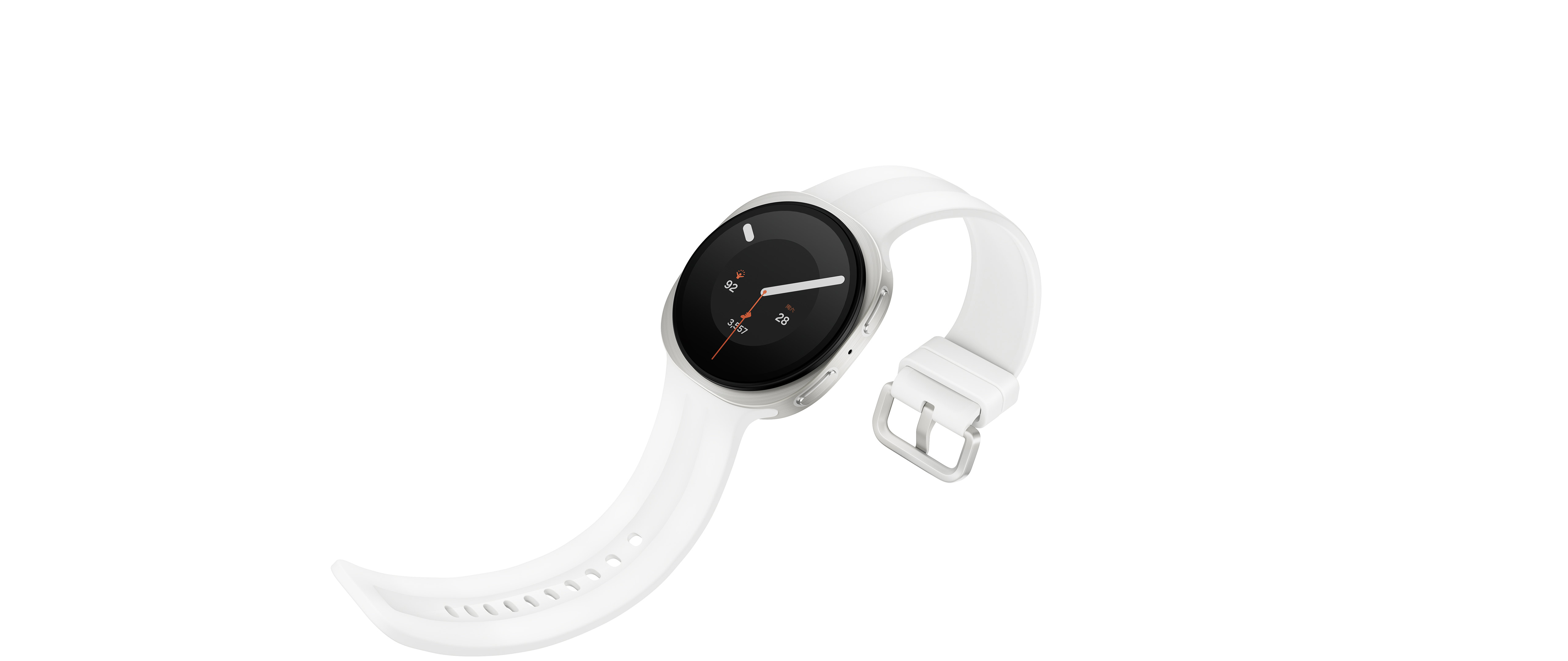 画面展示了一块远空银色Galaxy Watch9，手表搭配白色运动表带；手表整体小幅左倾，表带呈未扣合形态，直观展现该款运动表带纤薄柔韧的质感设计。持久佩戴贴合腕间，穿戴舒适，尽享自在的佩戴体验。