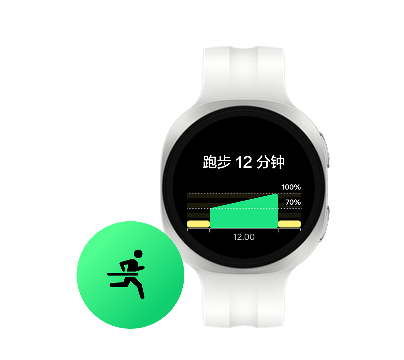 画面中搭配着白色运动表带的云凝白Galaxy Watch9，展示着“跑步教练”计划功能。时间为12分钟，相关图表如下，Galaxy Watch9旁边是跑步教练图标；