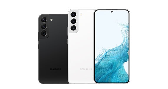 曜夜黑色Galaxy S22背面图旁边是羽梦白色Galaxy S22+背面图和正面图