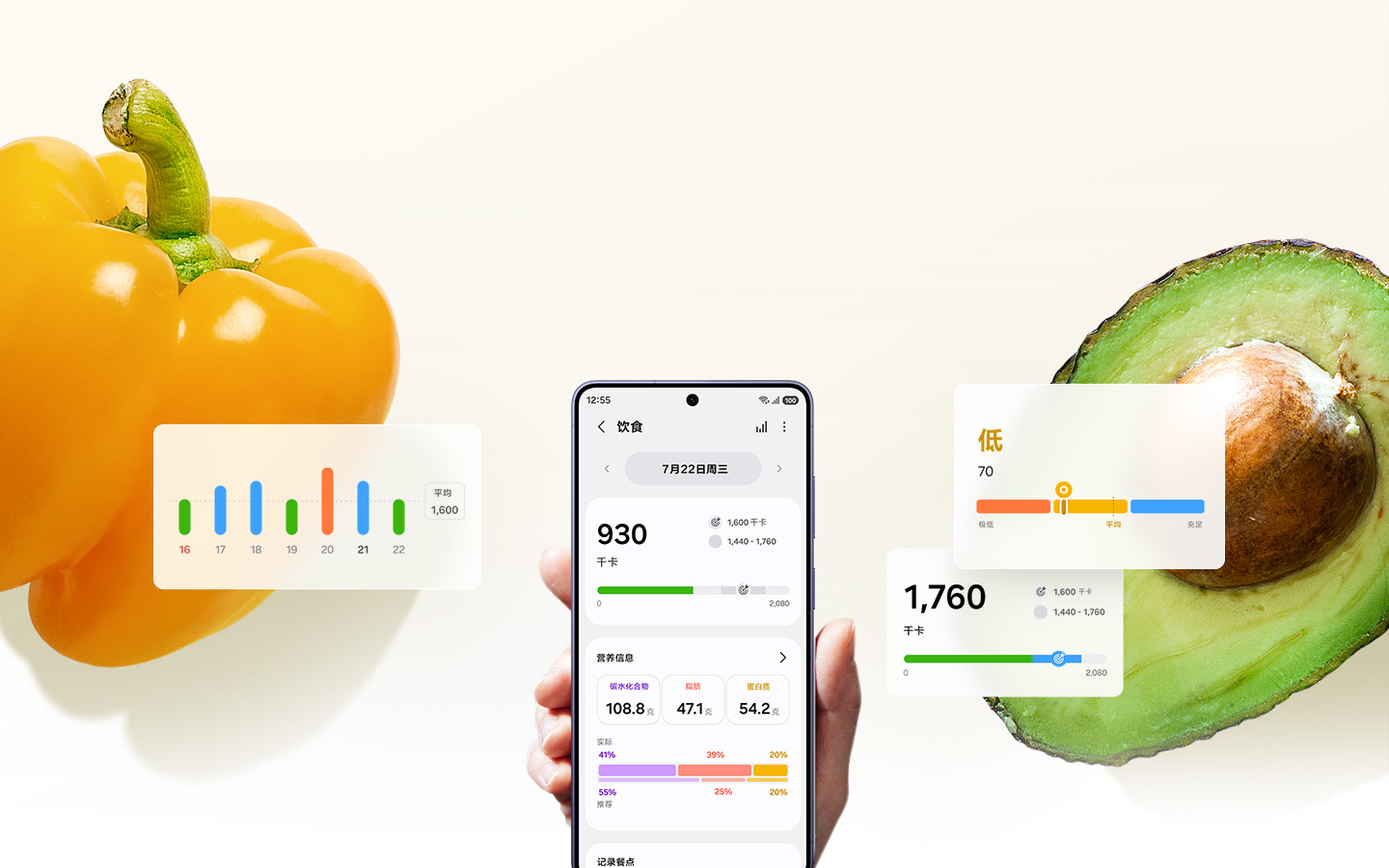 Paprika and avocado are in the background. In the middle, a hand is holding a smartphone with Food feature onscreen. Different metabolic health-related feature GUIs can be seen on each side, such as Antioxidant Index, AGEs index and Food Tracker.
