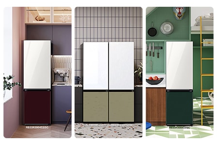 Samsung Bespoke fridges are in three other types of kitchen. Cream colored fridge in a purple kitchen, double door Bespoke fridge which is blue on the left and white on the right is in a white kitchen. Light blue Bespoke fridge is in a green kitchen.