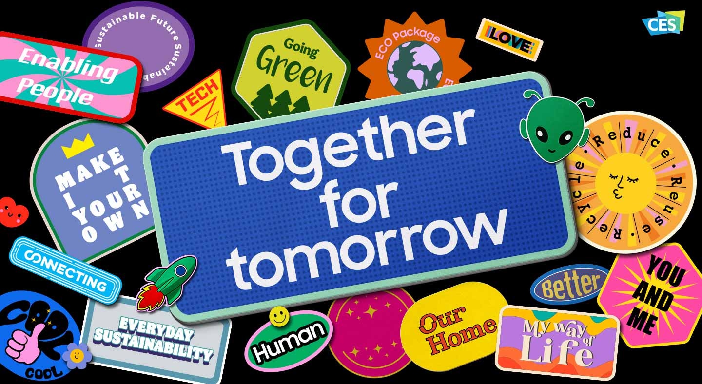 贴纸状图案上写有三星在CES通告中使用的关键词