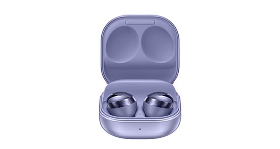 一部紫色款Samsung Galaxy Buds2，充电盒处于打开状态，耳机位于其中