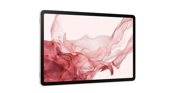 一部Galaxy Tab S8的正面视图，屏幕上有抽象图案