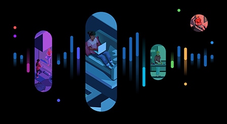 这里有不同长度的蓝色、紫色和黄色的垂直线来代表声波的形状。在这些线条之间，有一些椭圆形。每个椭圆上有人们做瑜伽、在沙发上使用笔记本电脑、在厨房做饭和在日光浴床上看书的插图。