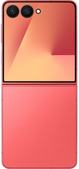 从背面看展开的珊瑚红 Galaxy Z Flip7。