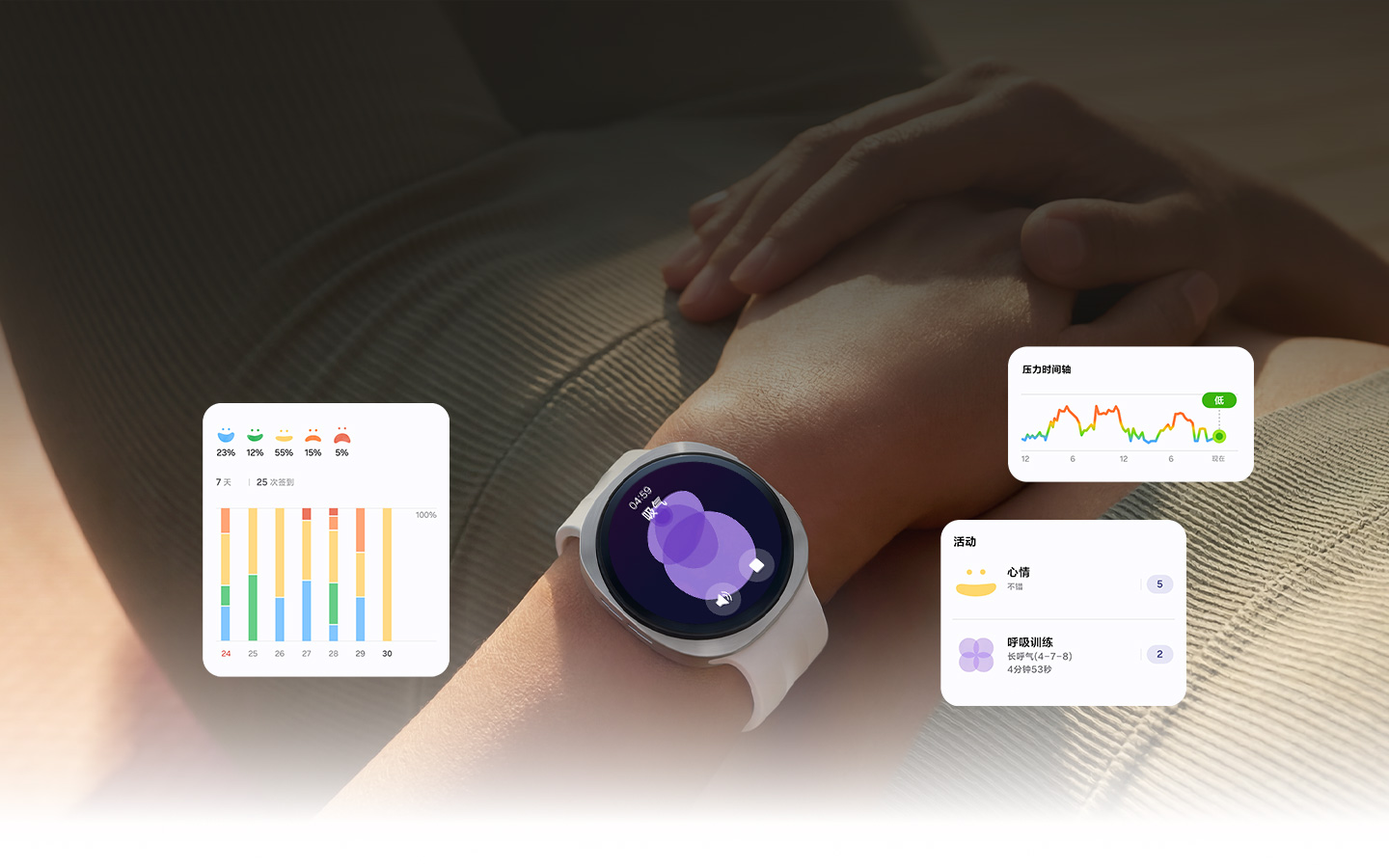 A person lying on their back is wearing Galaxy Watch9 on their wrist. Stress feature is onscreen and the stress level is Low, indicating that the person is relaxed.