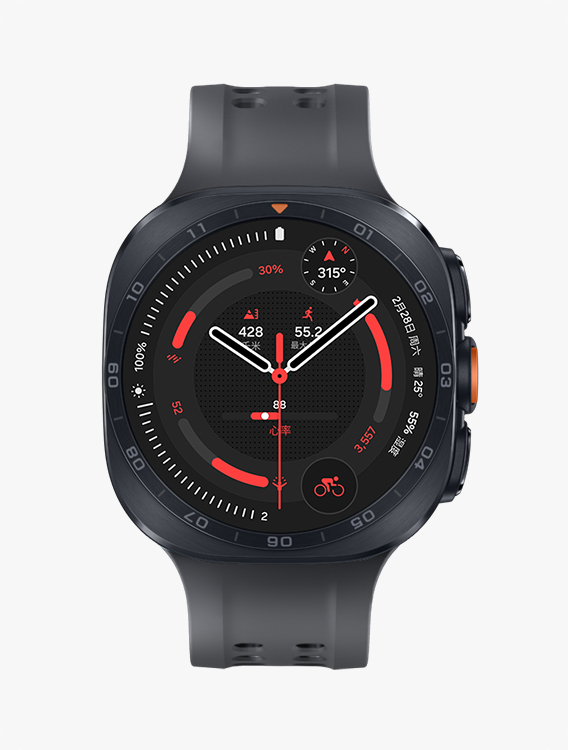 黑色表带款 Galaxy Watch Ultra2，展示正面视角与近距离斜侧视角，屏幕显示骑行运动表盘。