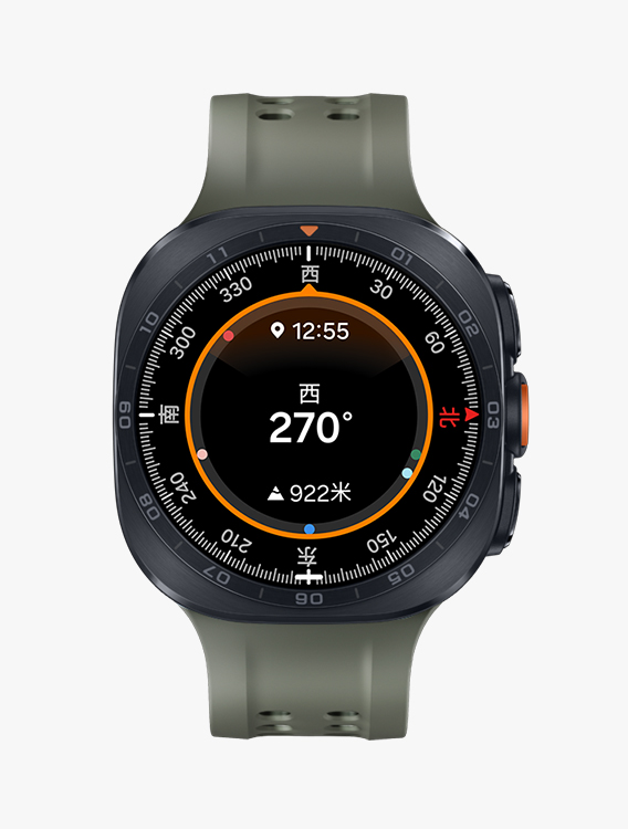 Front view and close-up angled view of Galaxy Watch Ultra2 with a Marine Band in Olive, displaying a Compass watch face.