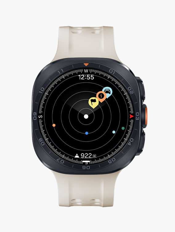 棕色表带 Galaxy Watch Ultra2，展示正面视角与近距离斜侧视角，屏幕显示指南针表盘。