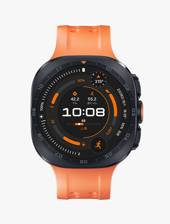 配备橙色航海表带的 Galaxy Watch Ultra2，展示正面视角与近距离斜侧视角，屏幕显示跑步运动表盘。