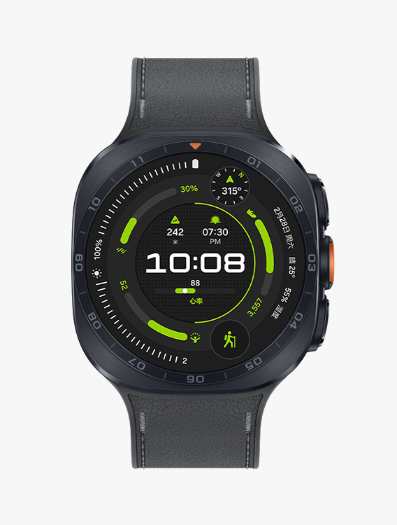配备黑色表带的 Galaxy Watch Ultra2，展示正面视角与近距离斜侧视角，屏幕显示徒步运动表盘。