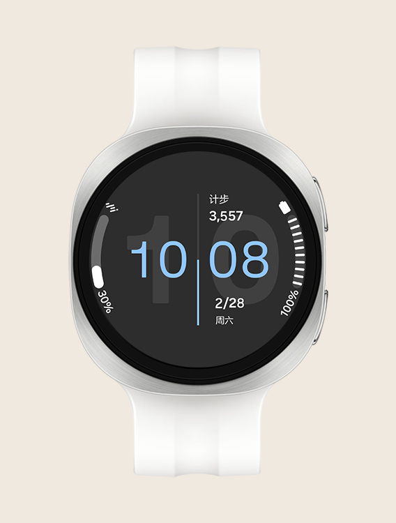 米白色运动表带版 Galaxy Watch9，展示正面视角与倾斜特写视角，手表表盘可显示步数、时间、日期、天气以及电量百分比等各类信息。