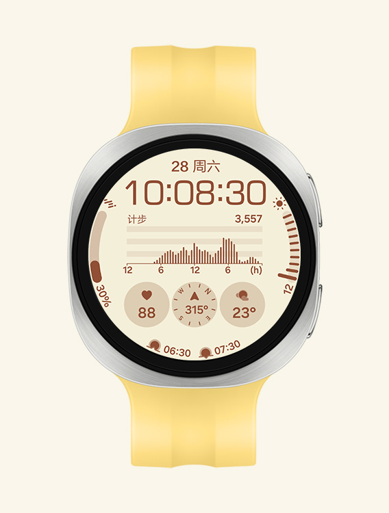 配有黄色运动表带的 Galaxy Watch9，展示正面视图与斜向特写视图，表盘可显示日期、时间、步数、天气、心率、指南针、日出及日落等信息。