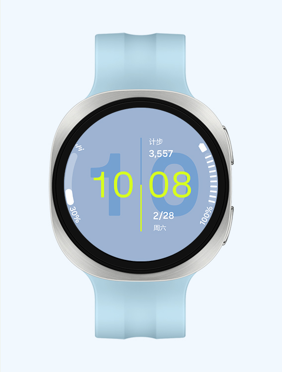 配有蓝色运动表带的 Galaxy Watch9，展示正面视图与斜向特写视图，表盘可显示步数、时间、日期、天气以及电量百分比等信息。