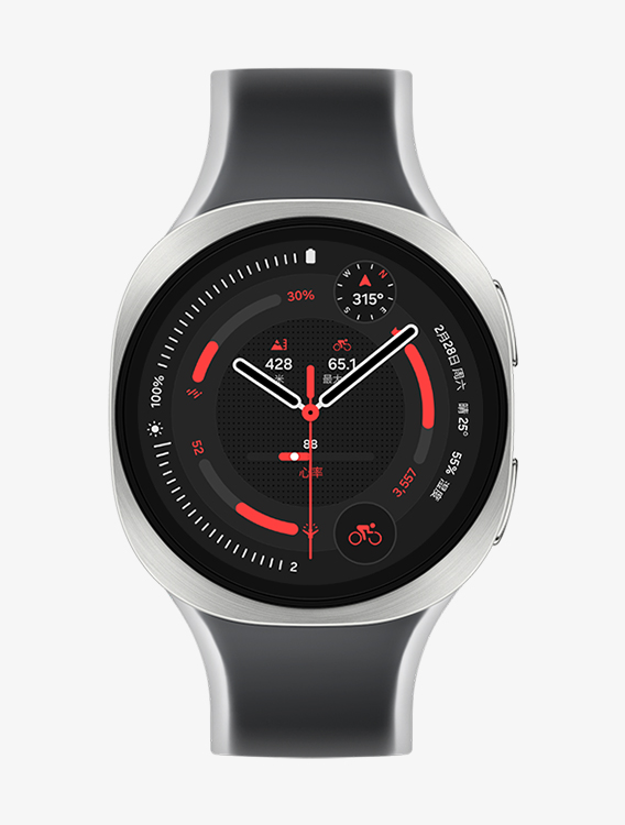 搭配黑色雾面表带的 Galaxy Watch9，展示正面视图与斜向特写视图，手表当前显示骑行运动专属表盘。