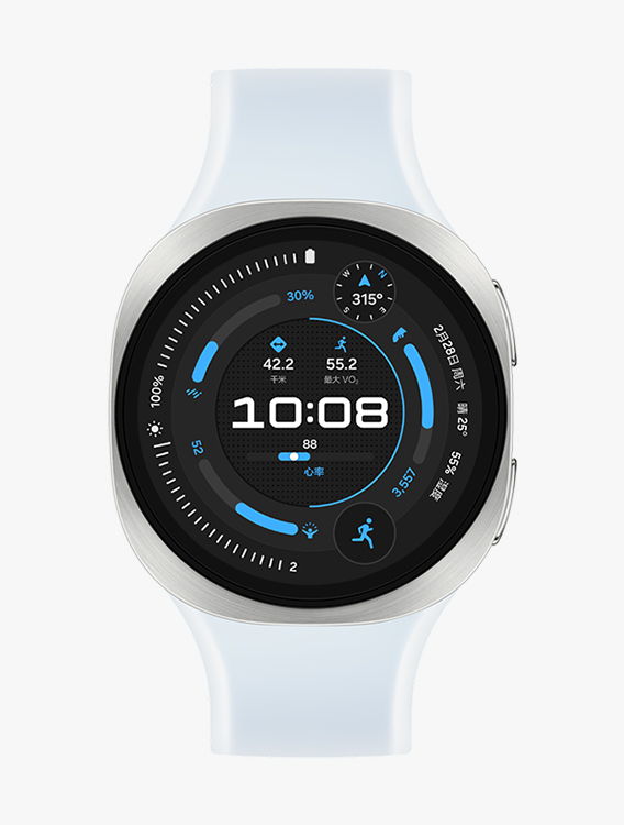 搭配蓝色雾面表带的 Galaxy Watch9，展示正面视图与斜向特写视图，屏幕显示跑步运动专用表盘。