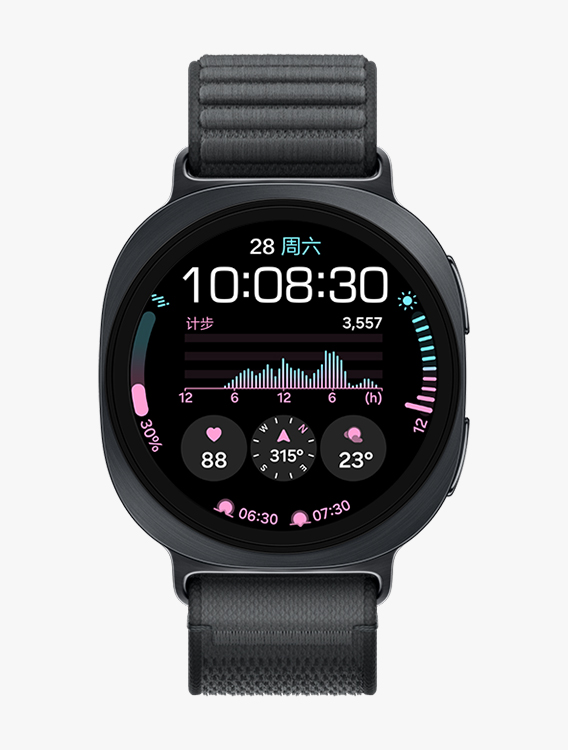 配备黑色织物表带的 Galaxy Watch9，展示正面视角与斜向特写视角，表盘可显示日期、时间、步数、天气、心率、指南针、日出及日落等信息。