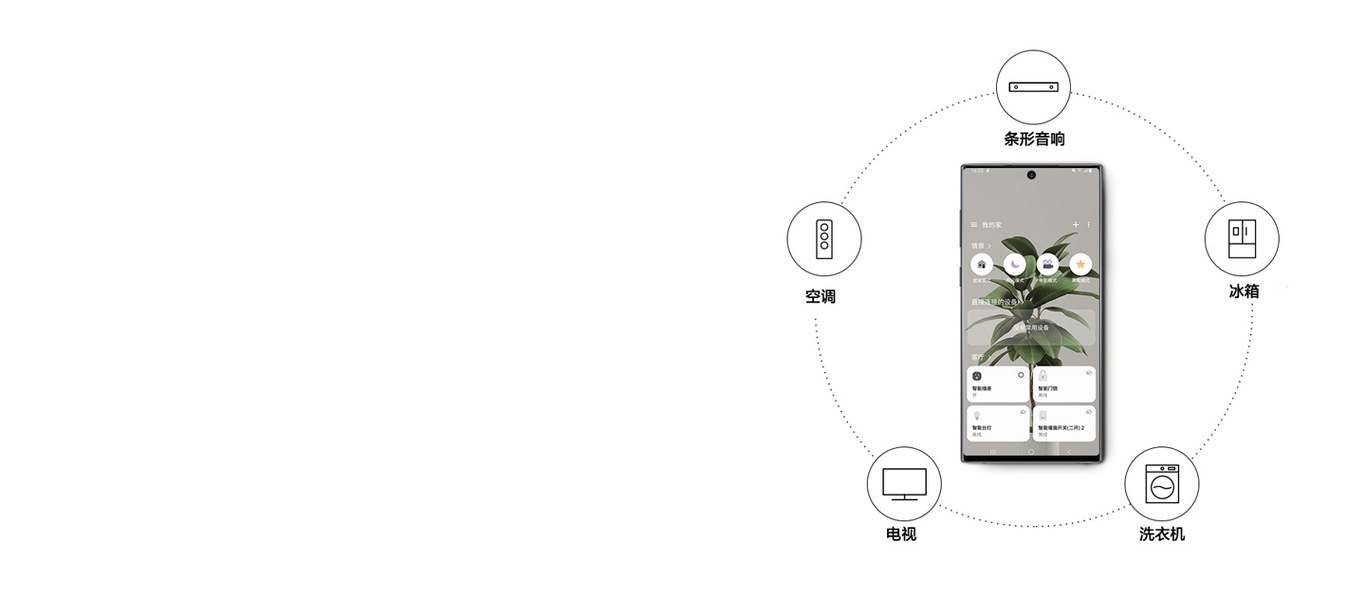 画境系列电视屏幕上显示的是三星Samsung Connect界面。右边的一个移动设备上显示着三星Samsung Connect应用程序。