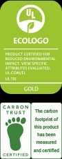 ECOLOGO Certification Mark. Product certified for reduced environmental impact. View specific attributes evaluated: UL dot com forward slash EL. UL 110. Gold. Carbon Trust Certified. The carbon footprint of this product has been measured and certified.