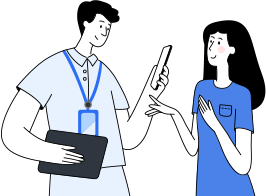 简化示意图展示两人在专业场合的互动场景。其中一人身着浅蓝色制服并佩戴姓名牌，手持平板电脑和三星Galaxy S25智能手机；另一人身着蓝色衬衫