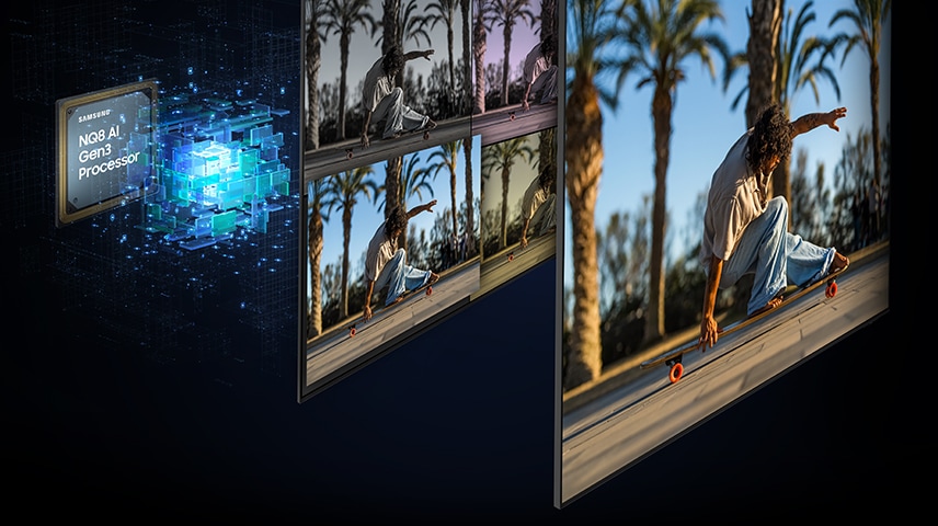 屏幕层后的三星 NQ8 AI Gen3 处理器可优化图像设置，带来清晰生动的图像。