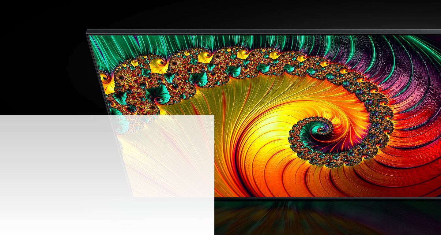 一台QLED电视正在展示彩色海螺壳，具有高分辨率的图像质量。