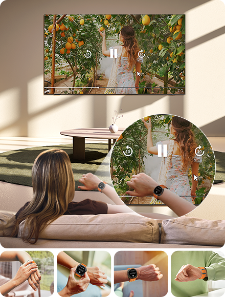 Woman controls TV with her Galaxy Watch. Four different shots show how Galaxy Watch Universal Gestures can be used.